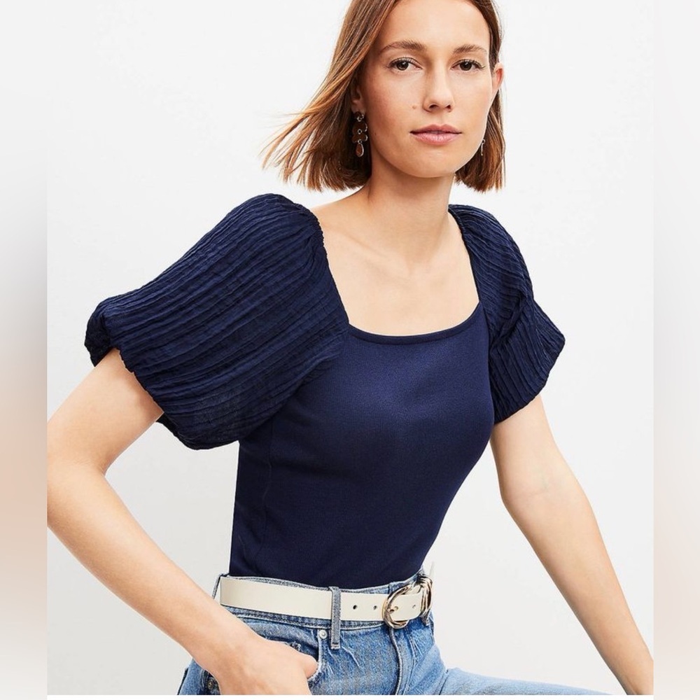 Navy Puff Sleeve cotton blouse tie back size M